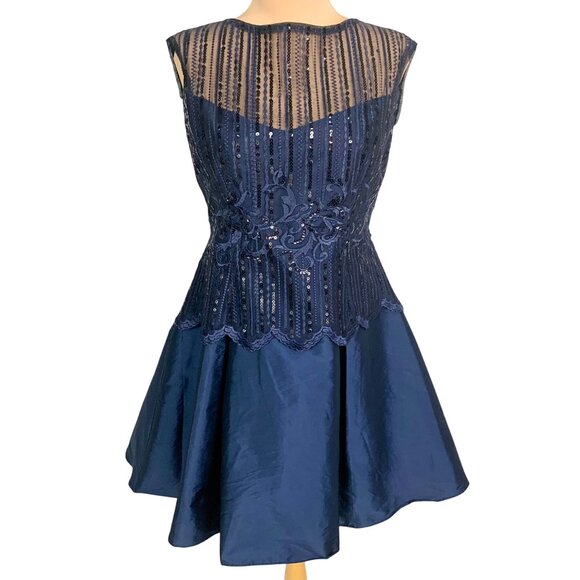 Adrianna Papell Lace Sequin Taffeta Cocktail Dress 10 Knee Length Fit Flare Navy - Picture 2 of 12